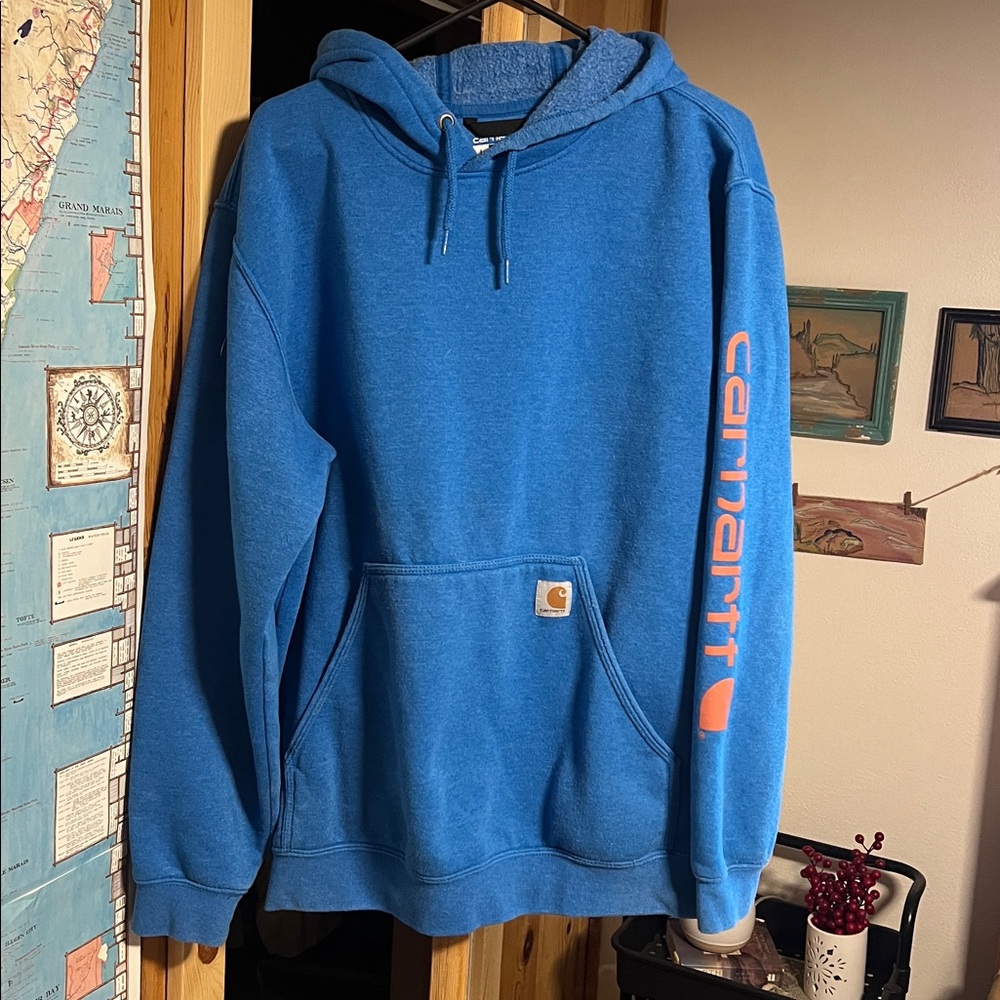 Carhartt Men's Vibrant Blue Hoodie with Orange Logo